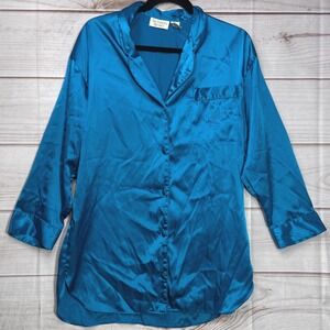 VTG Gold Label Victorias Secret Satin Sleep Shirt Teal Button Front Pajama Top P
